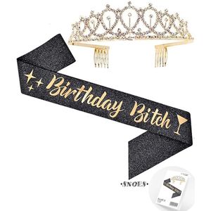 Snoes * Goud Zwart Verjaardag Kroon Tiara en Sjerp * Birthday Bitch * Gold/Black/Glitter * Jarige versiering * Dress up for your Birthday *
