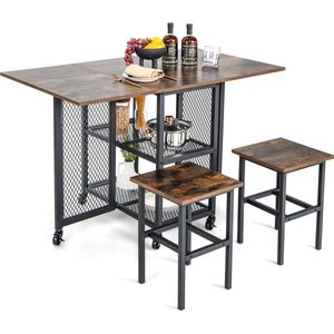 COSTWAY 3-delige eettafelset, inklapbare keukentafel op wielen met 2 krukken en 2 planken, keukentafel, eetgroep, uittrekbaar voor kleine ruimtes