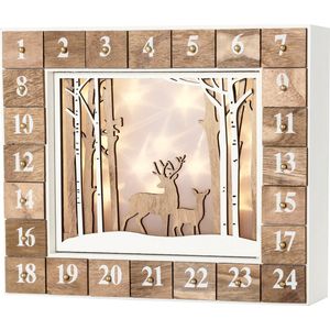 BRUBAKER Herbruikbare Houten Adventskalender Zelf te vullen - Wit winterlandschap met LED-verlichting - Doe-het-zelf-kalender 35,5 x 6 x 27 cm