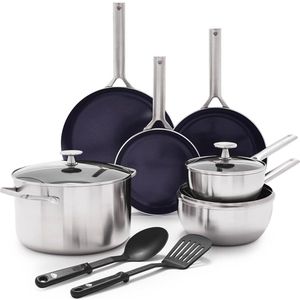 Triple Steel 11-Delige RVS Diamantversterkte Keramische Anti-aanbak Pannenset, Inclusief Koekenpan, Braadpan, PFAS-vrij, RVS, Multi Clad, Inductie,Vaatwasserbestendig,Ovenbestendig,Zilver