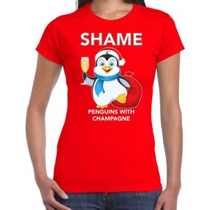 Pinguin Kerstshirt / Kerst t-shirt Shame penguins with champagne rood voor dames - Kerstkleding / Christmas outfit XL
