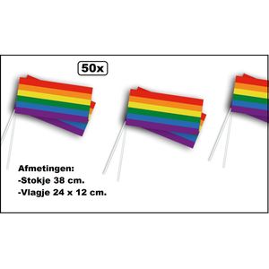 50x Zwaaivlaggetje Regenboog - stokje 38cm - vlag 24cm x 12cm - Festival thema feest verjaardag party pride