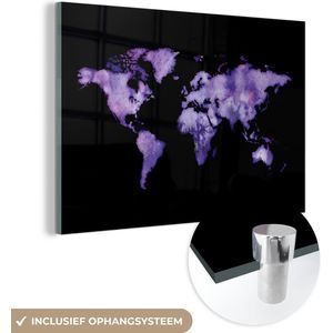 MuchoWow® Glasschilderij 120x80 cm - Schilderij acrylglas - Wereldkaart - Waterverf - Lila - Foto op glas - Schilderijen