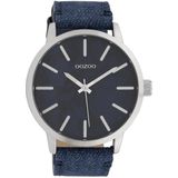 OOZOO Timepieces - Zilverkleurige horloge met jeans blauwe leren band - C10002