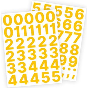 Cijfer stickers / Plaknummers - Stickervellen Set - Geel - 4cm hoog - Geschikt voor binnen en buiten - Standaard lettertype - Glans