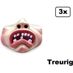 3x Halfmasker bolle wangen met tandjes treurig - Carnaval thema feest optocht fun party festival