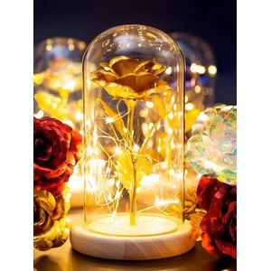 Roos in glazen stolp met LED - Gouden - Kunstbloem - Valentijn - Cadeau - Cadeau voor vrouw - Geschenk - Verjaardag - Moederdag - Huwelijk - Goud