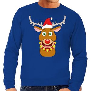 Foute kersttrui / sweater met Rudolf het rendier met rode kerstmuts blauw voor heren - Kersttruien L