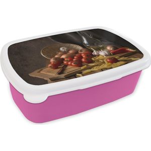 Broodtrommel Roze - Lunchbox - Brooddoos - Snijplank - Groente - Stilleven - Pasta - Uit - Tomaat - Snijplank - 18x12x6 cm - Kinderen - Meisje