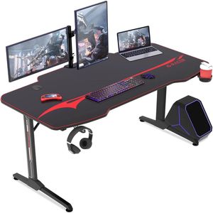 Gamingtafel, 160 cm, gamingbureau, gamer, computertafel, ergonomische pc-tafel met bekerhouder en hoofdtelefoonhouder, T-vormig (zwart, 160 x 60 cm)