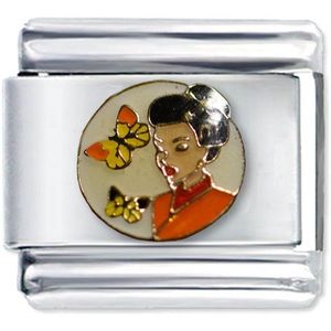 Quiges - Schakel - Bedel - 9mm - charms - Azië meisje met vlinder - Geschikt voor - Nomination- armband - Schakelarmband - italy bedels armband