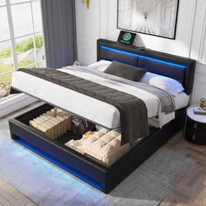 Sweiko Gestoffeerd Bed 140 x 200 cm, met USB-poort (ondersteunt draadloos en bedraad opladen), met LED-verlichting en opbergruimte, zonder matras, PU, Zwart