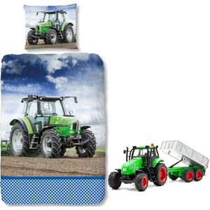 Dekbedovertrek Groene Tractor - 100% flanel - 140x200/220 cm - inclusief speelset met kipper