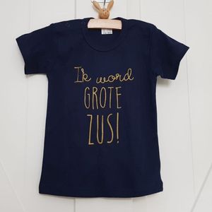 Shirt Ik word grote zus | korte mouw T-Shirt | blauw met goud | maat 80 |big sis sister zwangerschap aankondiging bekendmaking big sis sister