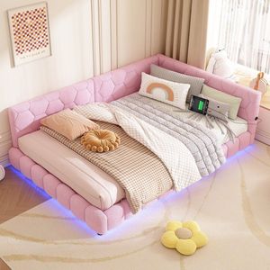 Ligbed - 140*200cm Ligbed - Slaapbank - zonder matras - 16 kleuren Omgevingslicht - USB-poort - Type-C - Roze