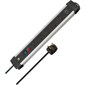 Premium-Alu-Line 5-Voudige Verlengsnoer Met 2 USB-Poorten - 3M Kabel - Schakelaar En Veiligheidsknop - Aluminium Behuizing - Zwart - Made In Germany