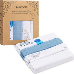Navaris mousseline doeken voor baby - 4 stuks 80 x 80 cm voor boertjes of als deken - Superzacht viscose en katoen - Wit/blauw ontwerp