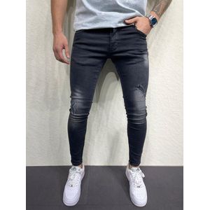 Mannen Stretchy Ripped Skinny Biker Jeans Vernietigd Hole Slim Fit Denim Hoge Kwaliteit Zwarte Jeans - W32