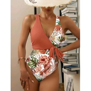Sexy elegant corrigerende badpak met tropische print koraal wit maat M