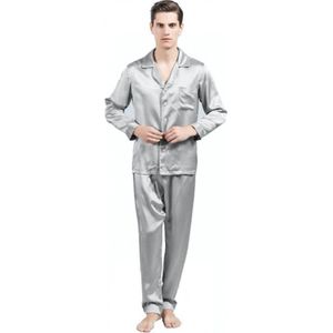 Heren zijden pyjama set (lange mouwen, lange broek), Parelmoer grijs, XXL