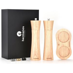 Peper en Zoutmolen Set Handmatig Blank Hout 22 cm Hermanos® - Peper- & Zoutstel - Verwisselbare knoppen zwart, zilver en goud - Instelbare maalgraad