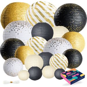 Fissaly 20 Stuks Lampionnen Set Versiering Zwart, Goud & Wit – Feest Decoratie – Bruiloft, Trouwen & Verjaardag - Papier