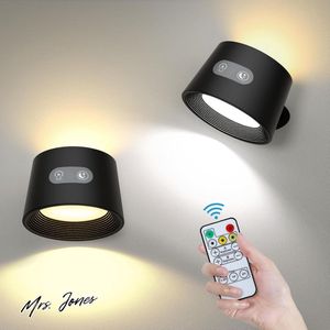 Mrs. Jones Draadloze LED wandlampen met 2600 mAh batterij afstandsbediening touch bediening 2 zijlampen 3 kleuren traploos 360 graden draaibare wandlampen voor slaapkamer binnenwandlamp .