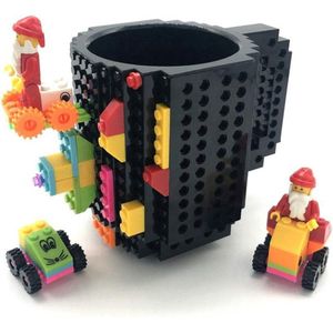 Build on Brick Mug - zwart- 350 ml - bouw je eigen mok met bouwsteentjes - BPA vrije drinkbeker cadeau voor kinderen of volwassenen - koffie thee limonade of andere dranken - pennenbeker - creatief accessoire voor op bureau