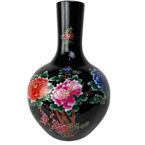 Fine Asianliving Chinese Vaas Zwart Bloemen Pioenen Handgemaakt D41xH57cm