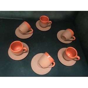 Keramiek Espressoset 6p koffiekopjes handgemaakt theeset vaatwasbestendig vuurvast oranje