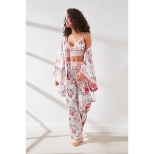 AMARANTA- Cadeau-Satin 3 Piece Nightgown Set- 3 stuk Satijnen Pyjama set-Roze/Ecru kleur-maat M, Moederdag Cadeau