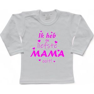 T-shirt Kinderen ""Ik heb de liefste mama ooit!"" Moederdag | lange mouw | Wit/fluor pink | maat 98