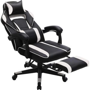 SONGMICS Gaming chair, bureaustoel met voetsteun, bureaustoel met hoofdsteun en lendenkussen, in hoogte verstelbaar, ergonomisch, 90-135° kantelhoek, tot 150 kg draagvermogen, zwart-wit OBG73BW