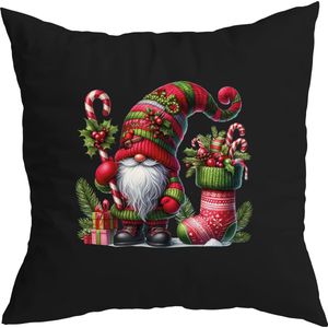 Zwarte kerst kussenhoes met Full color Gnoom – Kabouter in Kerstsfeer / Vrolijk Kerstfeest met Kerstsok en Hulst (envelop sluiting 40 x 40)