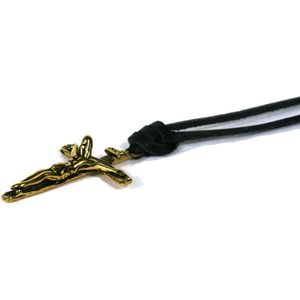 IbizaMen - heren ketting - veter zwart leer vintage - Goud edelstaal crucifex kruis - verstelbaar