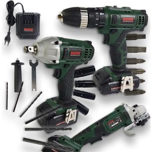 Boxer S-series Complete Set met Boormachine + Haakse Slijper + Slagmoersleutel - 2 Accu's -24.4 V + Accessoires