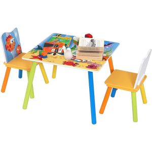 WARRAICH-Kindertafel met 2 Stoelen – Kinderstoelenset met Zeemotief, Gemaakt van MDF en Massief Hout