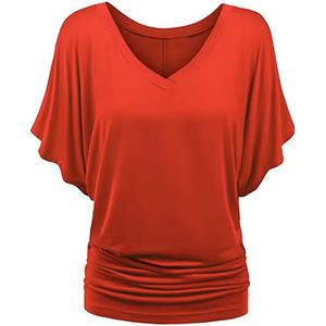 ASTRADAVI Damesmode - Top - Elegant V-hals shirt met vleermuismouwen - Batwing Blouse met met elastische zijkanten - Rood / 2X-Large