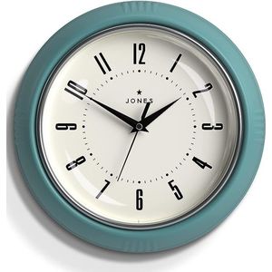 Ronde Retro Wandklok - The Ketchup Round Clock - Makkelijk leesbare cijfers, zwarte wandklok perfect als keukenklok, kantoorklok, woonkamerklok - Retro klok 25cm - Blauw groen