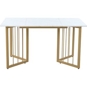 Merax Eetafel 140x80x75 cm - Moderne Tafel in Marmerlook - Keukentafel met Verstelbare Metalen Poten - Wit met Goud