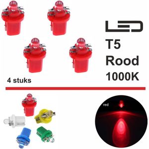 4x T5 1 LED B8.5d CANBus Led Lamp | ROOD | 400 Lumen | Type T59430-R | 1000k | 6500k | 400 Lumen | 12V | 1 COB | Verlichting | W3W W1.2W Led Auto-interieur Verlichting Dashboard Warming Indicator Wig | 4 | Autolampen | 1000 Kelvin |