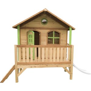 AXI Stef Speelhuis in Bruin/Groen - Met Verdieping en Witte Glijbaan - Speelhuisje voor de tuin / buiten - FSC hout - Speeltoestel voor kinderen