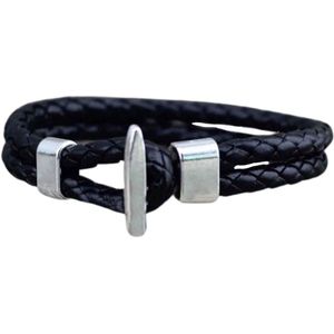 Marama - Armband Black Leer Zilver Braided - unisex - zwart leer - 21 cm. - cadeautje voor hem en haar