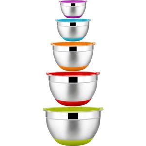 Mixing Bowl Set, 5-delige roestvrijstalen saladeschaalset met deksel en siliconen basis voor de keuken , multifunctioneel, stapelbaar, vaatwasmachinebestendig, 6,6 L / 3,5 L / 2,5 L / 1,5 L / 1 L