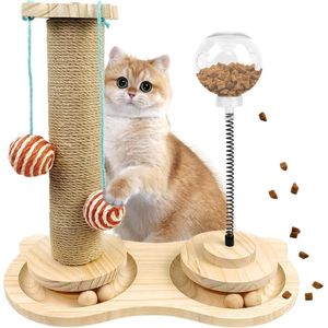 Interactief kattenspeelgoed van hout, 4-in-1 houten kattenkrabpaal met hangende bal, sisaltouw kattenboom, kattenvoerdispenser, speelgoed voor langzaam voeden, training, voedselzoeken