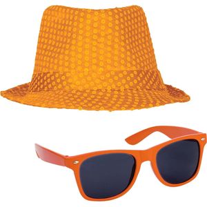 Toppers - Carnaval verkleed set compleet - hoedje en zonnebril - oranje - heren/dames - glimmend - verkleedkleding