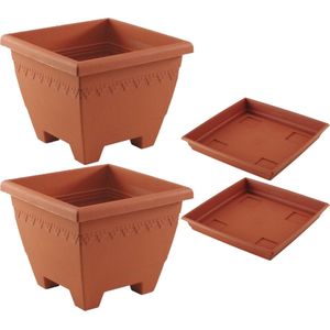 2x stuks vierkante plantenbakken/potten 40 x 40 x 31 cm terra cotta kleur met opvangschaal van 35 cm - Kunststof - Buiten gebruik