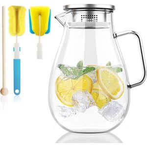 Glazen kan, 2 liter, karaf met filter, deksel, roerstaaf, reinigingsborstel, ijsthee, waterkan, warm koud water, ijsthee, wijn, koffie, melk, sap, drankkaraf (2000 ml)