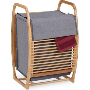 Relaxdays wasmand - 37 l - bamboe - stof - met deksel - 61,5 x 40 x 36,5 cm - badkamer - grijs-natuur