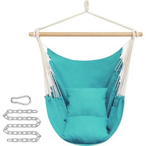Hangstoel, hangschommel, hangstoel met 2 kussens, metalen ketting, tot 150 kg belastbaar, binnen en buiten, woonkamer, slaapkamer, turquoise